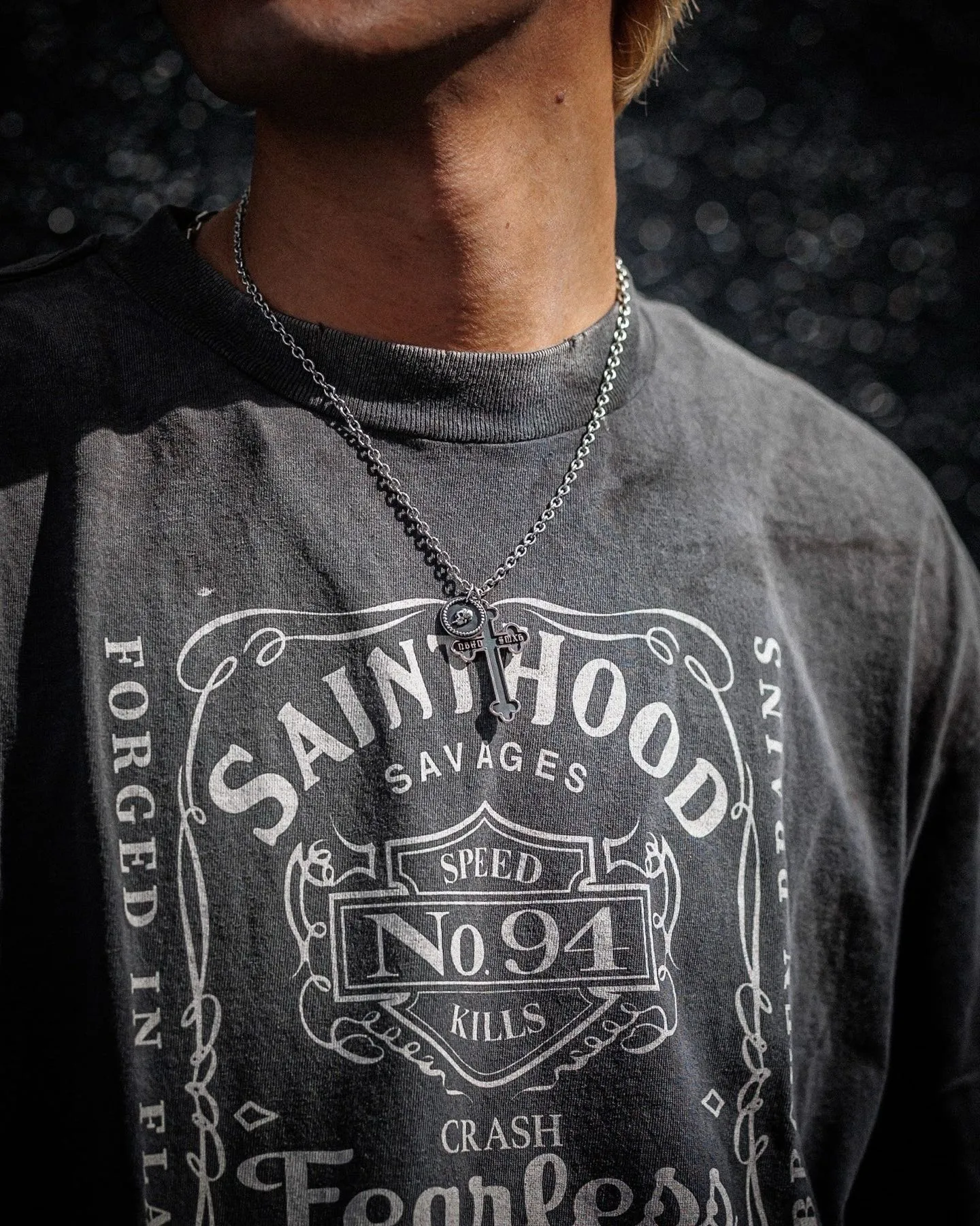 SAINT Mxxxxxx × NEIGHBORHOOD STHD . SS TEE FEARLESS/BLK NBHD Takizawa Shinsuke co-branded whiskey label/love skull angel distressed short sleeves washed black S-XL tube weave without side seam fabric ready-made Assute dyeing custom-woven NBHD co-branded main mark washed mark truly correct version top-level printing process restoration distressed treatment